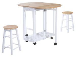 HOMCOM Bar Table and Stools with Storage Shelf, 3-Pieces Wooden Kitchen Cart with 2 Drawers and 6 Wheels, White Aosom UK