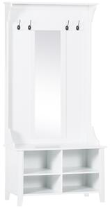 HOMCOM Entryway Storage Solution, Shoe Bench with Mirror, Coat Rack, Organiser Shelves, 4 Hooks, White Aosom UK