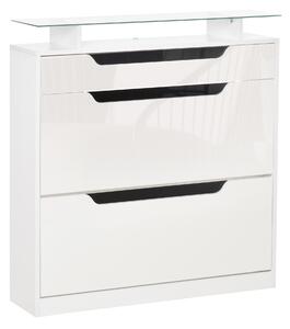 HOMCOM Shoe Cabinet High Gloss, 3 Drawer Storage, Tipping Bucket Design, Glass Top, 14 Pairs Capacity, White