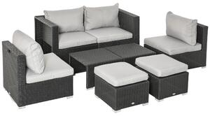 Outsunny 6-Seater Garden Rattan Wicker Sofa Set w/ Coffee Table, Wicker Weave Chair, Space-saving Footstool, Padded Cushions, Black Aosom UK
