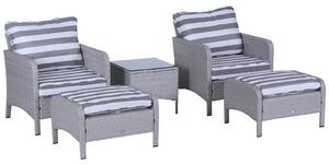 Outsunny 2 Seater PE Rattan Garden Furniture Set, 2 Armchairs 2 Stools Glass Top Table Cushions Wicker Weave Chairs Outdoor Seating - Grey Aosom UK