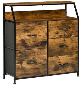 HOMCOM Bedroom Chest of Drawers, Industrial 5 Fabric Drawer Dresser with Open Shelf for Living Room, Rustic Brown Aosom UK