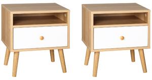 HOMCOM Pair of Natural Bedside Tables with Drawer and Shelf, Contemporary Nightstands, End Tables for Bedroom, Living Room, Natural. Aosom UK