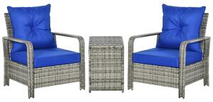 Outsunny 3 pcs PE Rattan Wicker Garden Furniture Patio Bistro Set Weave Conservatory Sofa Storage Table and Chairs Set Blue Cushion Grey Wicker