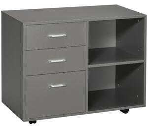 HOMCOM Freestanding Printer Stand Unit Office Desk Side Mobile Storage w/ Wheels 3 Drawers, 2 Open Shelves Modern Style 80L x 40W x 65H cm - Grey