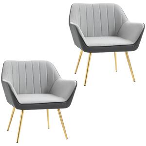 HOMCOM Velvet Armchair Set: Duo of Upholstered Accent Chairs with Golden Steel Legs, Modern Vanity Seating for Living & Bedroom, Light Grey Aosom UK