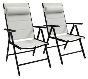 Outsunny Set of 2 Patio Folding Chairs w/ Adjustable Back, Garden Dining Chairs w/ Breathable Mesh Fabric Padded Seat, Headrest, Light Grey Aosom UK