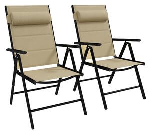 Outsunny Set of 2 Patio Folding Chairs w/ Adjustable Back, Garden Dining Chairs w/ Mesh Fabric Padded Seat, Backrest, Headrest, Khaki Aosom UK