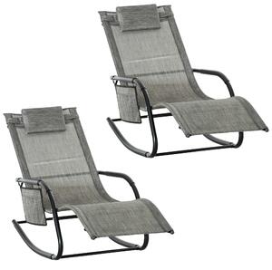 Outsunny 2Pcs Garden Rocking Chair, Patio Sun Lounger Rocker Chair w/ Breathable Mesh Fabric, Removable Headrest Pillow, Side Storage Bag, Dark Grey