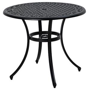 Outsunny Round Garden Table with Parasol Hole, 90cm Cast Aluminium Outdoor Dining Table for 2-4 for Balcony - Black
