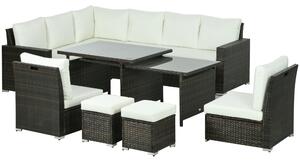 Outsunny 7 Piece Rattan Garden Furniture Set with Cushioned Sofa Seat, Footstools and Expandable Glass Table, 10-Seater, Cream Aosom UK