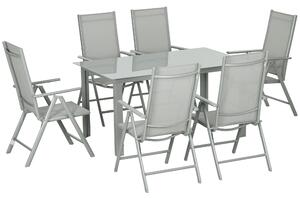 Outsunny 7 Piece Garden Dining Set, Outdoor Table and 6 Folding and Reclining Chairs, Aluminium Frame, Tempered Glass Top Table, Texteline Seats, Grey