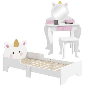ZONEKIZ Unicorn Themed Children's Bedroom Set with Dressing Table, Mirror, Stool, and Toddler Bed Frame, 3-6 Years, Multicolour Aosom UK