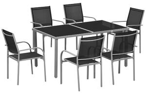 Outsunny 7 Piece Outdoor Garden Dining Set with Table and 6 Stackable Chairs, Steel Frame, Tempered Glass Top, Mesh Seats, Black