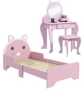 ZONEKIZ Wooden Children's Bedroom Set with Dressing Table, Stool, Bed, Cat Motif for Ages 3-6, Multicolour Aosom UK
