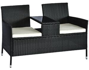 Outsunny 2 Seater Rattan Campanion Chair Wicker Loveseat Outdoor Patio Armchair with Drink Table Garden Furniture - Black Aosom UK