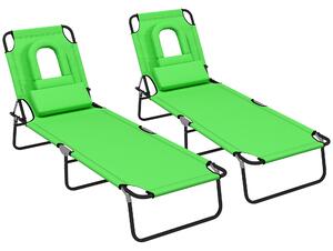 Outsunny Foldable Sun Lounger Duo, Adjustable 4-Level Backrest, Comfort Pillow & Reading Slot, Easy Storage, Vibrant Green Aosom UK