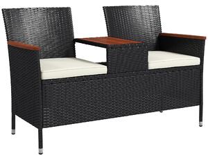 Outsunny Two-Seat Rattan Loveseat, with Wood-Top Middle Table - Black Aosom UK