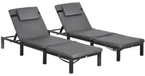 Outsunny Rattan Sun Loungers Set of 2 with Adjustable Backrest, Wicker Lounge Chairs with Cushion and Headrest for Poolside, Garden, Dark Grey