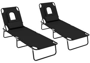 Outsunny Outdoor Foldable Sun Lounger Set of 2, 4 Level Adjustable Backrest Reclining Sun Lounger Chair with Pillow and Reading Hole, Black Aosom UK