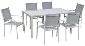 Outsunny 7 Piece Garden Dining Set, Outdoor Table and 6 Stackable Chairs, Steel Frame, Tempered Glass Top Table, Mesh Seats, Grey