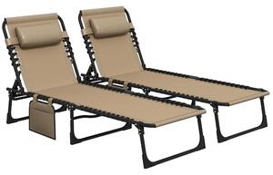 Outsunny Portable Sun Lounger Set of 2, Folding Camping Bed Cot, Reclining Lounge Chair 5-position Adjustable Backrest with Side Pocket Aosom UK