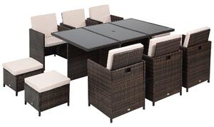 Outsunny Outdoor 11pc Rattan Garden Furniture Patio Dining Set 10-seater Cube Sofa Weave Wicker 6 Chairs 4 Footrests & 1 Table Mixed Brown Aosom UK
