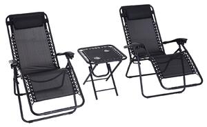 Outsunny 3-Piece Black Folding Table and Chairs Set with Cup Holders - Zero Gravity Reclining for Garden, Yard & Pool Aosom UK