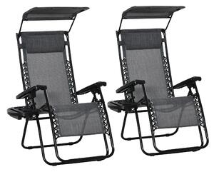 Outsunny 2 Piece Foldable Reclining Garden Chair with Headrest, Zero Gravity Deck Sun Lounger Seat Chair with Canopy Shade, Light Grey