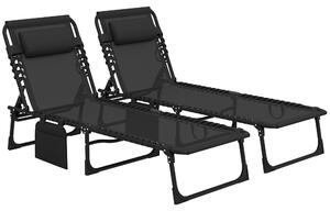 Outsunny Portable Sun Lounger Set of 2, Folding Camping Bed Cot with 5-position Adjustable Backrest, Side Pocket and Pillow, Black