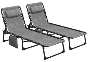 Outsunny Portable Sun Lounger Set of 2, Folding Camping Bed Cot, Reclining Lounge Chair 5-position Adjustable Backrest, Mixed Grey