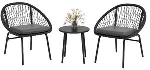 Outsunny 3 Piece Garden Furniture Set with Cushions, Round PE Rattan Bistro Set w/ 2 Armchairs & Metal Plate Coffee Table