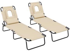 Outsunny Outdoor Foldable Sun Lounger Set of 2, 4 Level Adjustable Backrest Reclining Sun Lounger Chair with Pillow and Reading Hole, Brown Aosom UK