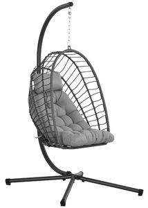 Outsunny Outdoor PE Rattan Swing Chair with Thick Padded Cushion, Foldable Basket Patio Hanging Chair with Metal Stand, Headrest