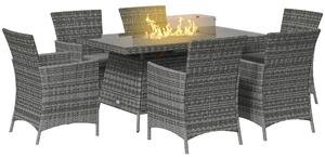 Outsunny 7 Pcs PE Rattan Dining Sets w/ Fire Pit Table, Garden Dining Set w/ Heater Table, Armchairs w/ Cushions, Glass Windscreen, 50,000 BTU, Grey