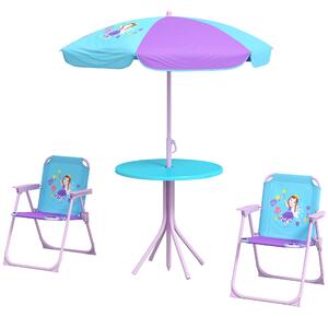 Outsunny Kids Picnic Table and Chair Set, Fairy Themed Outdoor Garden Furniture w/ Foldable Chairs, Adjustable Parasol
