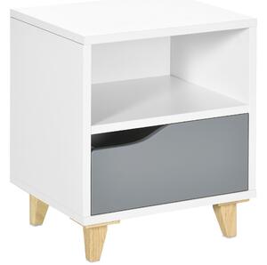 HOMCOM Modern Bedside Table, Side End Table with Shelf, Drawer and Wood Legs, 36.8cmx33cmx43.8cm, White and Grey