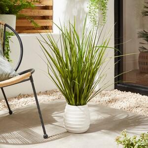 Artificial Green Grass in Rigid White Ceramic Plant Pot