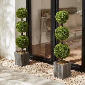 Set of 2 Artificial Boxwood Ball Trees in Woven Plant Pots