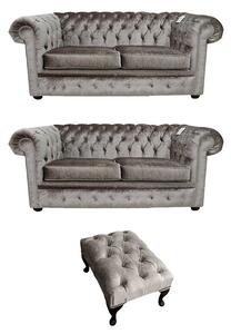 Chesterfield Handmade 2 Seater + 2 Seater + Footstool Boutique Beige Velvet Fabric Sofa Suite