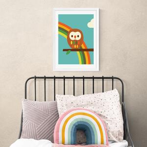 East End Prints Owl and Rainbow Print Green/Yellow/Orange