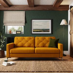 Jacob Velvet Buttoned Compact 3 Seater Sofa Amber Gold