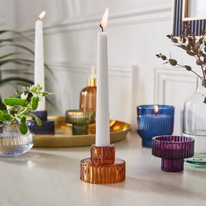 Ribbed Glass 2 Way Candle Holder Amber