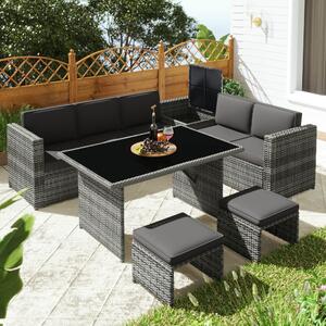 7 Seater Rattan Garden Patio Corner Sofa Set with Glass Topped Table, Side Storage and Cushions, Outdoor Dining Set, 224x180x65 cm, Grey Aosom.UK