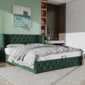 Velvet Fabric Upholstered Bed with Hydraulic Lever and Ample Storage, Functional Storage Bed Frame, without Mattress, 147x199x94.5cm, Green Aosom.UK