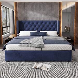 Velvet Fabric Upholstered Bed with Hydraulic Lever and Ample Storage, Functional Storage Bed Frame, without Mattress, 143x197x100 cm, Blue Aosom.UK