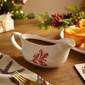 Christmas Holly Ceramic Gravy Boat White