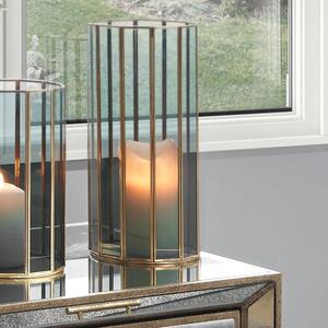 Brass & Smoked Glass Panelled Hurricane Candle Holder