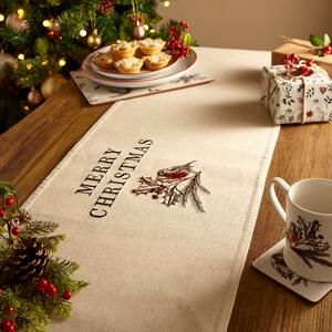 Merry Christmas Robin Table Runner Cream and Red