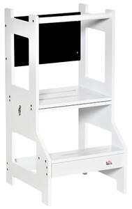 HOMCOM 2-in-1 Kids Step Stool, Toddler Table and Chair Set, with Safety Rail Chalkboard Kitchen Helper Standing Tower, White